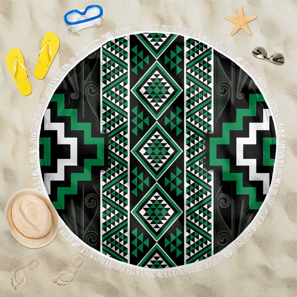 Jade Tukutuku Pattern Aotearoa Beach Blanket Niho Taniwha and Puhoro Motifs