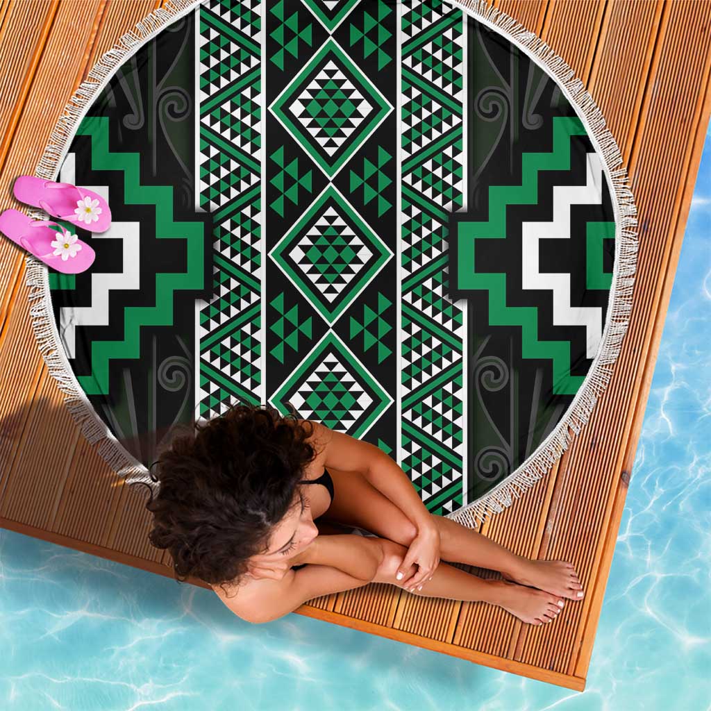 Jade Tukutuku Pattern Aotearoa Beach Blanket Niho Taniwha and Puhoro Motifs