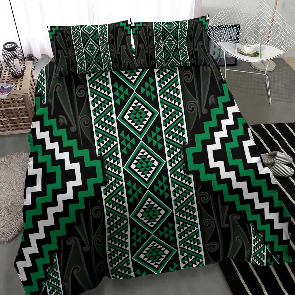 Jade Tukutuku Pattern Aotearoa Bedding Set Niho Taniwha and Puhoro Motifs