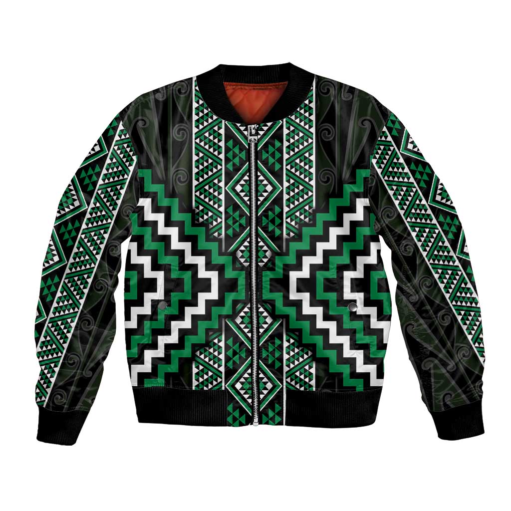 Jade Tukutuku Pattern Aotearoa Bomber Jacket Niho Taniwha and Puhoro Motifs