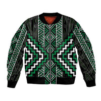 Jade Tukutuku Pattern Aotearoa Bomber Jacket Niho Taniwha and Puhoro Motifs