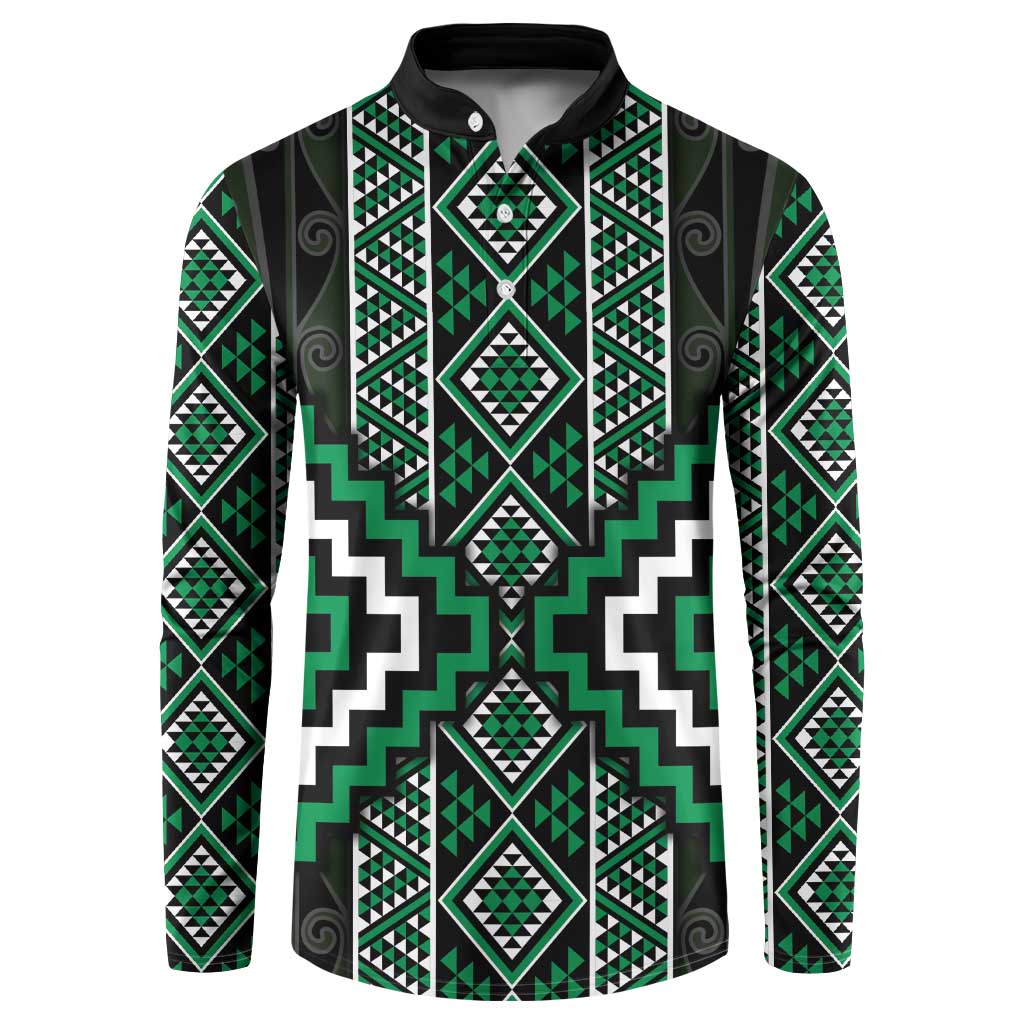 Jade Tukutuku Pattern Aotearoa Button Sweatshirt Niho Taniwha and Puhoro Motifs LT7 Green - Polynesian Pride