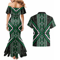 Jade Tukutuku Pattern Aotearoa Couples Matching Mermaid Dress and Hawaiian Shirt Niho Taniwha and Puhoro Motifs LT7 - Polynesian Pride