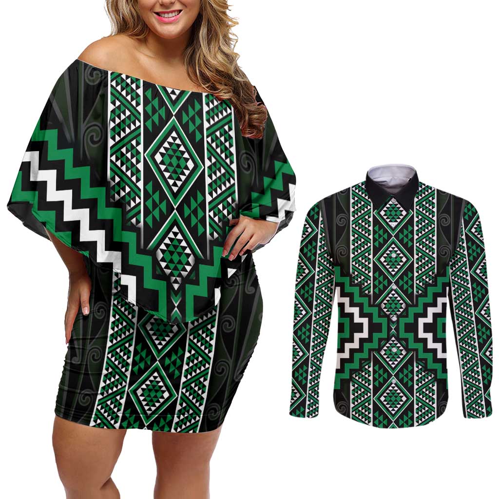 Jade Tukutuku Pattern Aotearoa Couples Matching Off Shoulder Short Dress and Long Sleeve Button Shirt Niho Taniwha and Puhoro Motifs LT7 Green - Polynesian Pride
