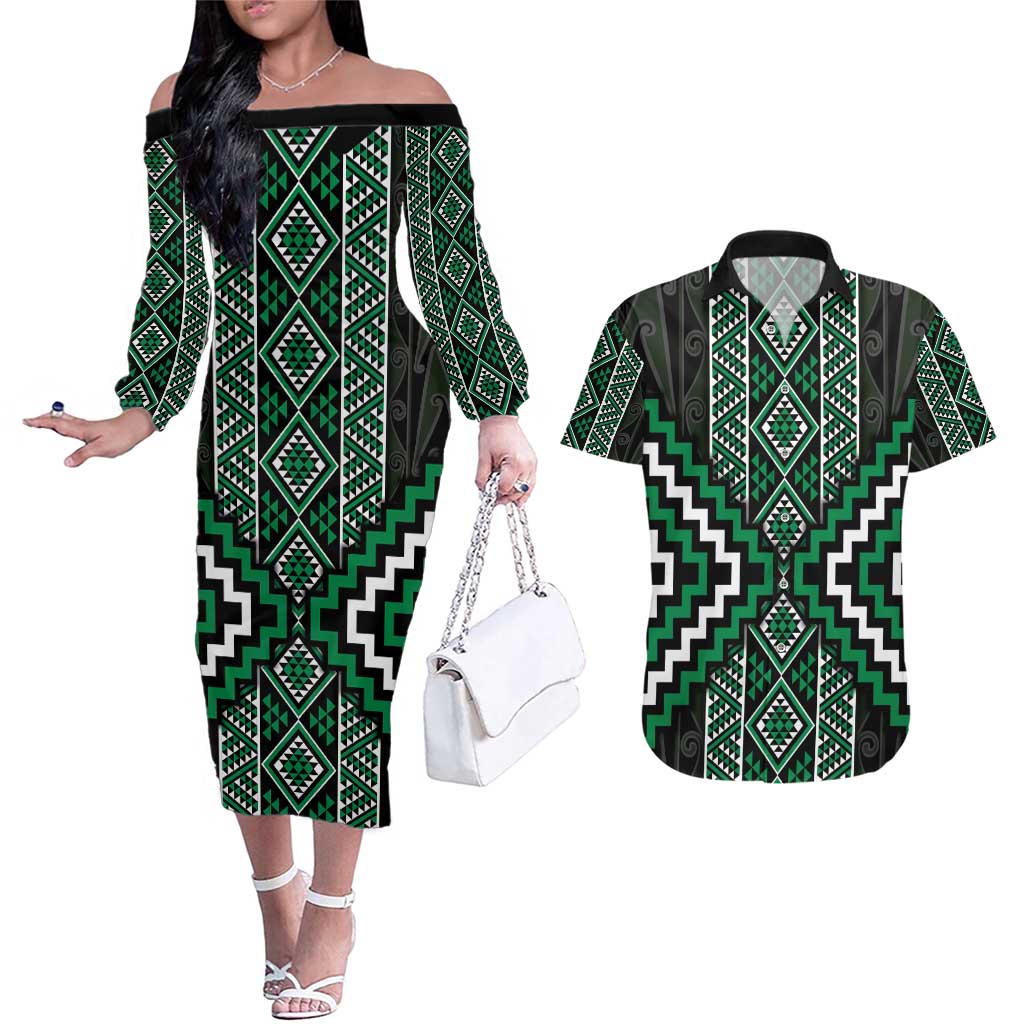Jade Tukutuku Pattern Aotearoa Couples Matching Off The Shoulder Long Sleeve Dress and Hawaiian Shirt Niho Taniwha and Puhoro Motifs