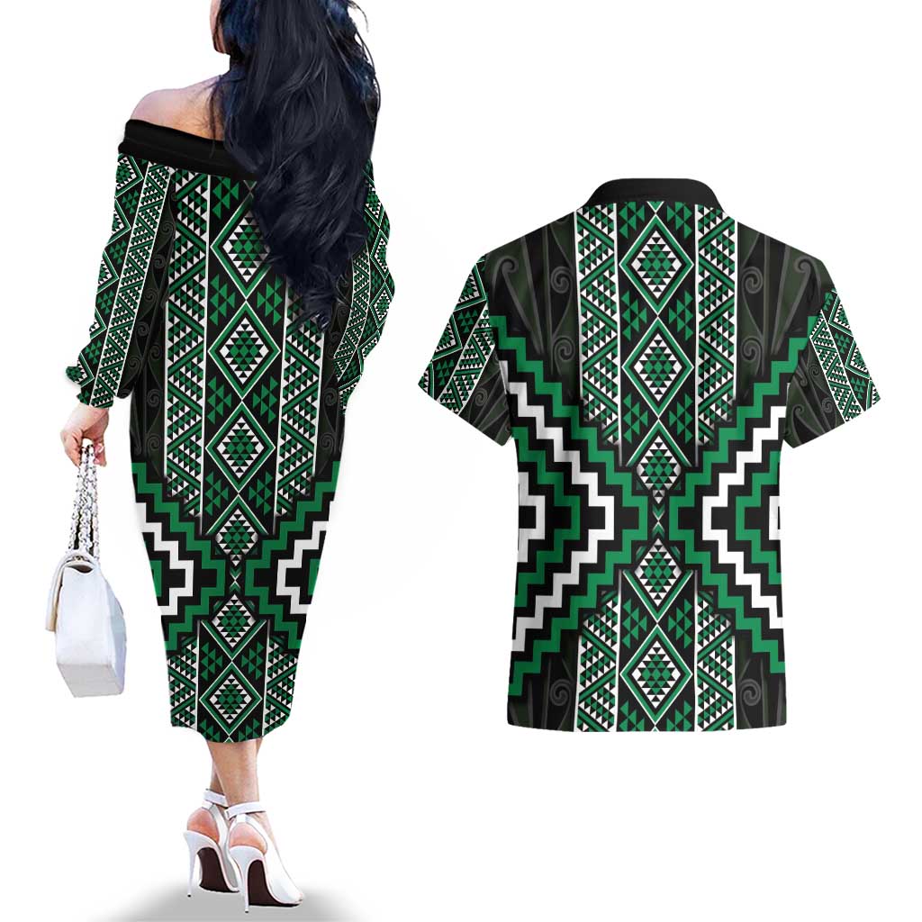 Jade Tukutuku Pattern Aotearoa Couples Matching Off The Shoulder Long Sleeve Dress and Hawaiian Shirt Niho Taniwha and Puhoro Motifs