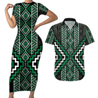 Jade Tukutuku Pattern Aotearoa Couples Matching Short Sleeve Bodycon Dress and Hawaiian Shirt Niho Taniwha and Puhoro Motifs LT7 Green - Polynesian Pride