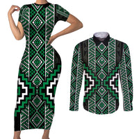Jade Tukutuku Pattern Aotearoa Couples Matching Short Sleeve Bodycon Dress and Long Sleeve Button Shirt Niho Taniwha and Puhoro Motifs