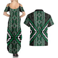 Jade Tukutuku Pattern Aotearoa Couples Matching Summer Maxi Dress and Hawaiian Shirt Niho Taniwha and Puhoro Motifs LT7 - Polynesian Pride