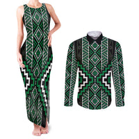 Jade Tukutuku Pattern Aotearoa Couples Matching Tank Maxi Dress and Long Sleeve Button Shirt Niho Taniwha and Puhoro Motifs LT7 Green - Polynesian Pride