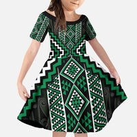 Jade Tukutuku Pattern Aotearoa Family Matching Long Sleeve Bodycon Dress and Hawaiian Shirt Niho Taniwha and Puhoro Motifs LT7 Daughter's Dress Green - Polynesian Pride