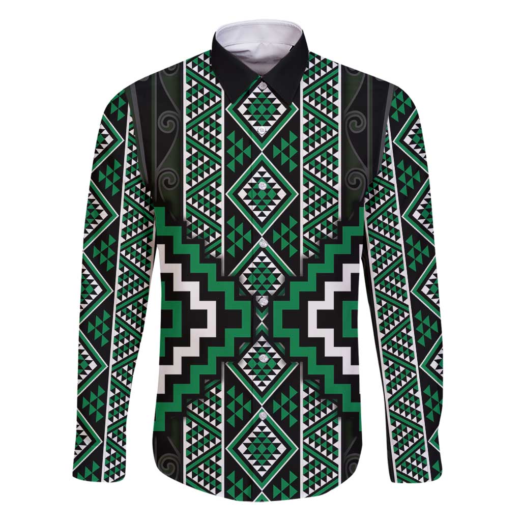 Jade Tukutuku Pattern Aotearoa Family Matching Long Sleeve Bodycon Dress and Hawaiian Shirt Niho Taniwha and Puhoro Motifs LT7 Dad's Shirt - Long Sleeve Green - Polynesian Pride