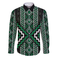 Jade Tukutuku Pattern Aotearoa Family Matching Off Shoulder Maxi Dress and Hawaiian Shirt Niho Taniwha and Puhoro Motifs LT7 Dad's Shirt - Long Sleeve Green - Polynesian Pride