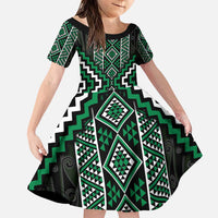 Jade Tukutuku Pattern Aotearoa Family Matching Puletasi and Hawaiian Shirt Niho Taniwha and Puhoro Motifs LT7 Daughter's Dress Green - Polynesian Pride