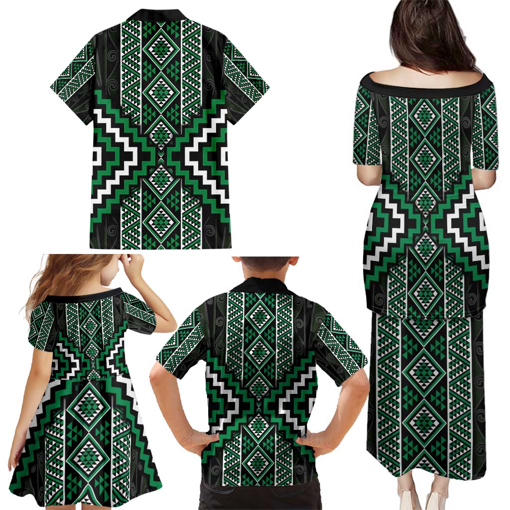 Jade Tukutuku Pattern Aotearoa Family Matching Puletasi and Hawaiian Shirt Niho Taniwha and Puhoro Motifs LT7 - Polynesian Pride