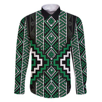 Jade Tukutuku Pattern Aotearoa Family Matching Puletasi and Hawaiian Shirt Niho Taniwha and Puhoro Motifs LT7 Dad's Shirt - Long Sleeve Green - Polynesian Pride