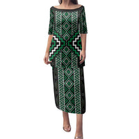Jade Tukutuku Pattern Aotearoa Family Matching Puletasi and Hawaiian Shirt Niho Taniwha and Puhoro Motifs LT7 Mom's Dress Green - Polynesian Pride