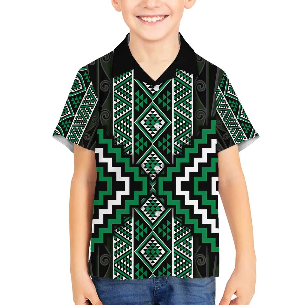 Jade Tukutuku Pattern Aotearoa Family Matching Puletasi and Hawaiian Shirt Niho Taniwha and Puhoro Motifs LT7 Son's Shirt Green - Polynesian Pride