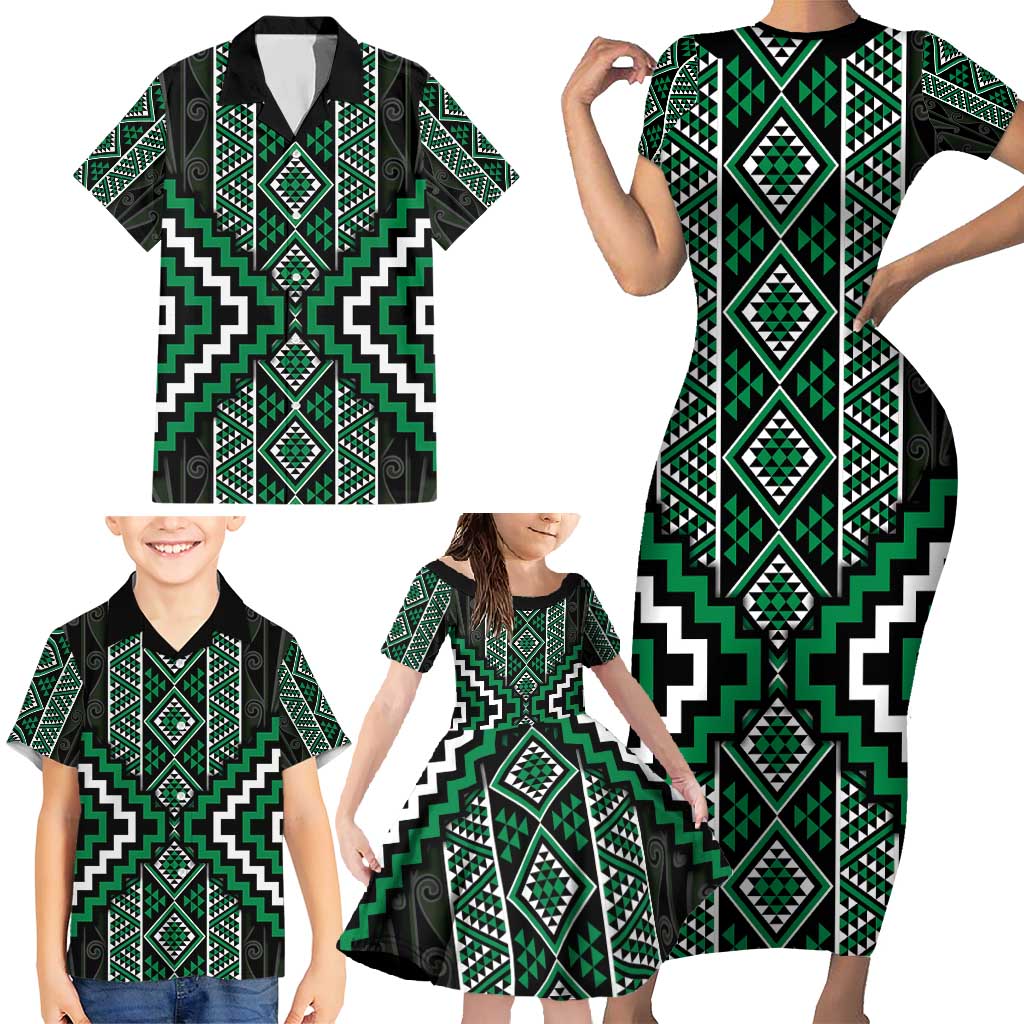 Jade Tukutuku Pattern Aotearoa Family Matching Short Sleeve Bodycon Dress and Hawaiian Shirt Niho Taniwha and Puhoro Motifs LT7 - Polynesian Pride
