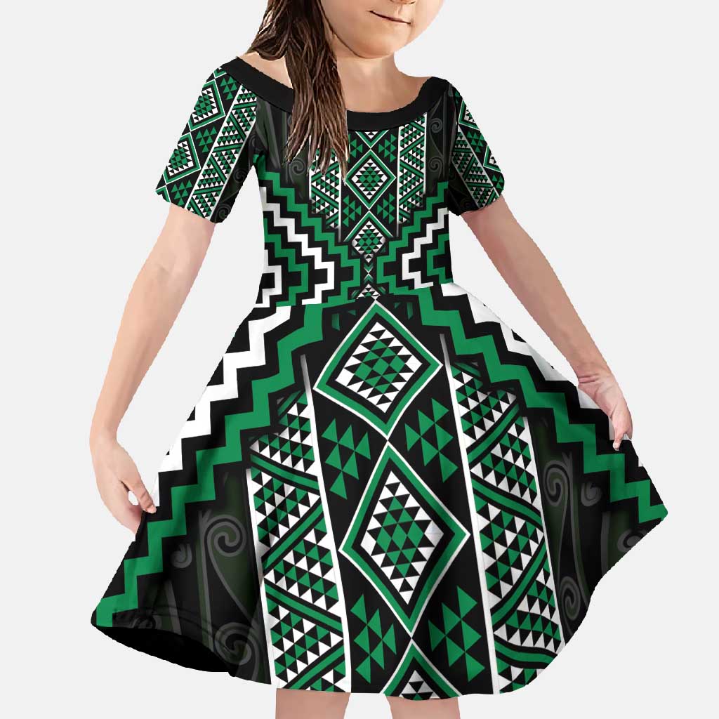 Jade Tukutuku Pattern Aotearoa Family Matching Summer Maxi Dress and Hawaiian Shirt Niho Taniwha and Puhoro Motifs LT7 Daughter's Dress Green - Polynesian Pride