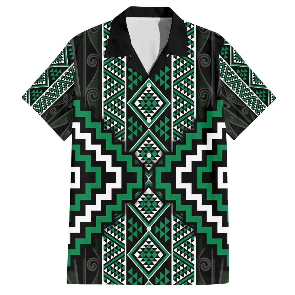 Jade Tukutuku Pattern Aotearoa Family Matching Summer Maxi Dress and Hawaiian Shirt Niho Taniwha and Puhoro Motifs LT7 Dad's Shirt - Short Sleeve Green - Polynesian Pride