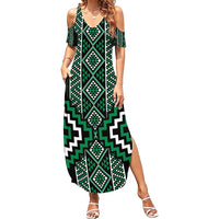 Jade Tukutuku Pattern Aotearoa Family Matching Summer Maxi Dress and Hawaiian Shirt Niho Taniwha and Puhoro Motifs LT7 Mom's Dress Green - Polynesian Pride