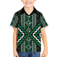 Jade Tukutuku Pattern Aotearoa Family Matching Summer Maxi Dress and Hawaiian Shirt Niho Taniwha and Puhoro Motifs LT7 Son's Shirt Green - Polynesian Pride