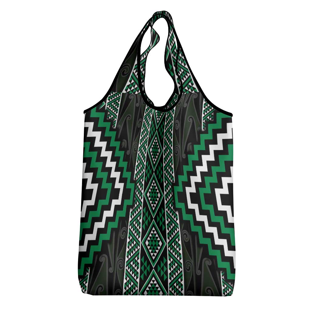 Jade Tukutuku Pattern Aotearoa Grocery Bag Niho Taniwha and Puhoro Motifs