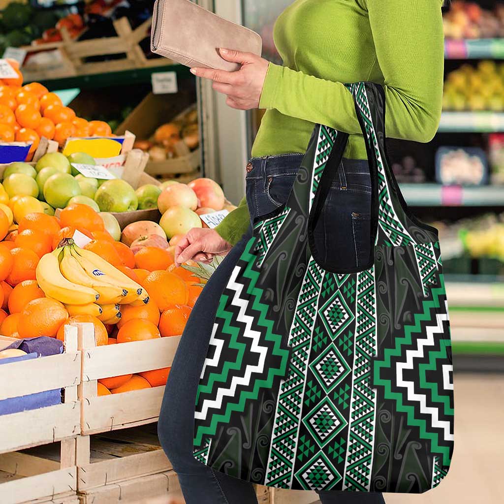 Jade Tukutuku Pattern Aotearoa Grocery Bag Niho Taniwha and Puhoro Motifs