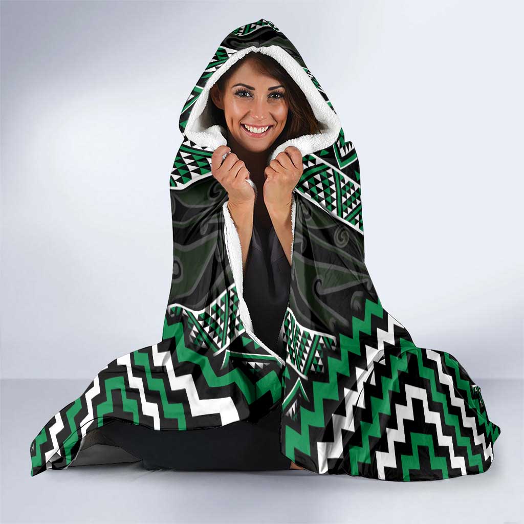 Jade Tukutuku Pattern Aotearoa Hooded Blanket Niho Taniwha and Puhoro Motifs
