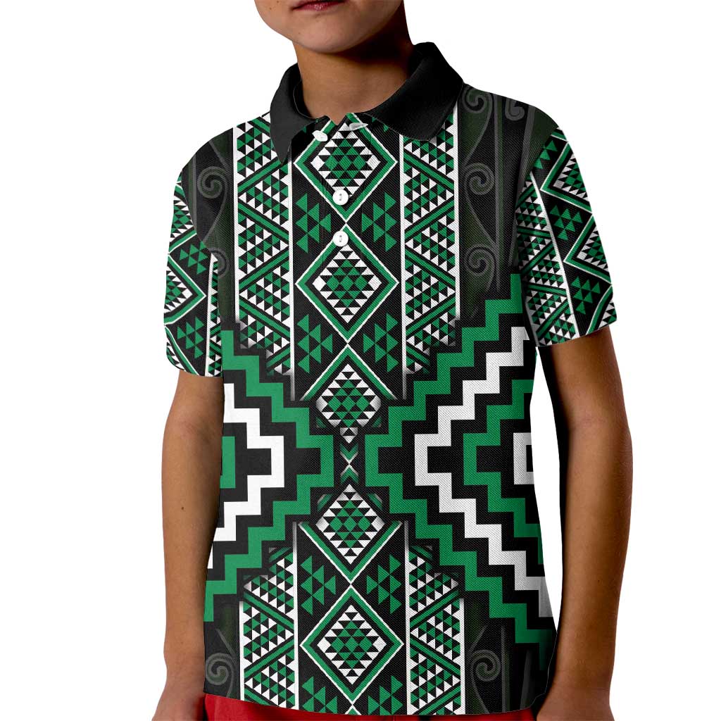 Jade Tukutuku Pattern Aotearoa Kid Polo Shirt Niho Taniwha and Puhoro Motifs LT7 Kid Green - Polynesian Pride