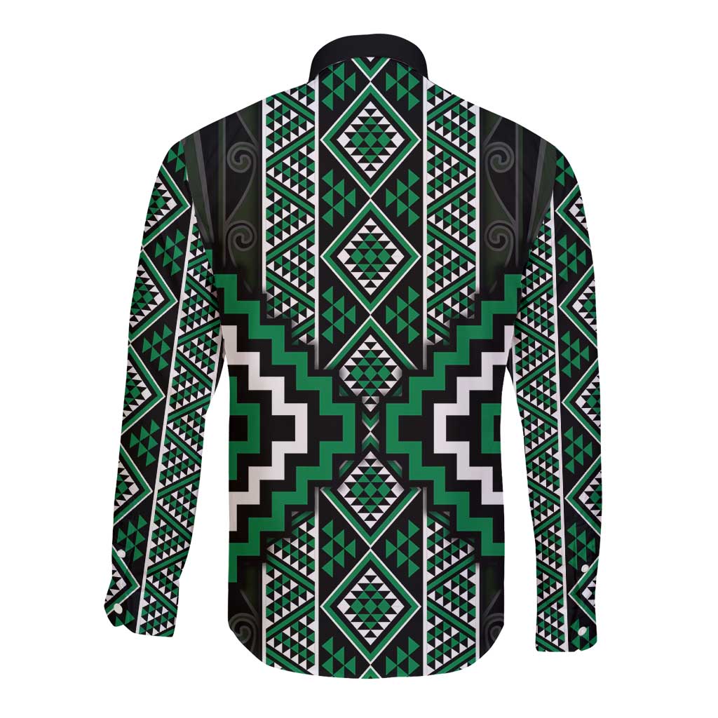 Jade Tukutuku Pattern Aotearoa Long Sleeve Button Shirt Niho Taniwha and Puhoro Motifs LT7 - Polynesian Pride
