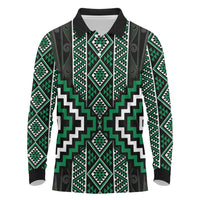 Jade Tukutuku Pattern Aotearoa Long Sleeve Polo Shirt Niho Taniwha and Puhoro Motifs LT7 Green - Polynesian Pride
