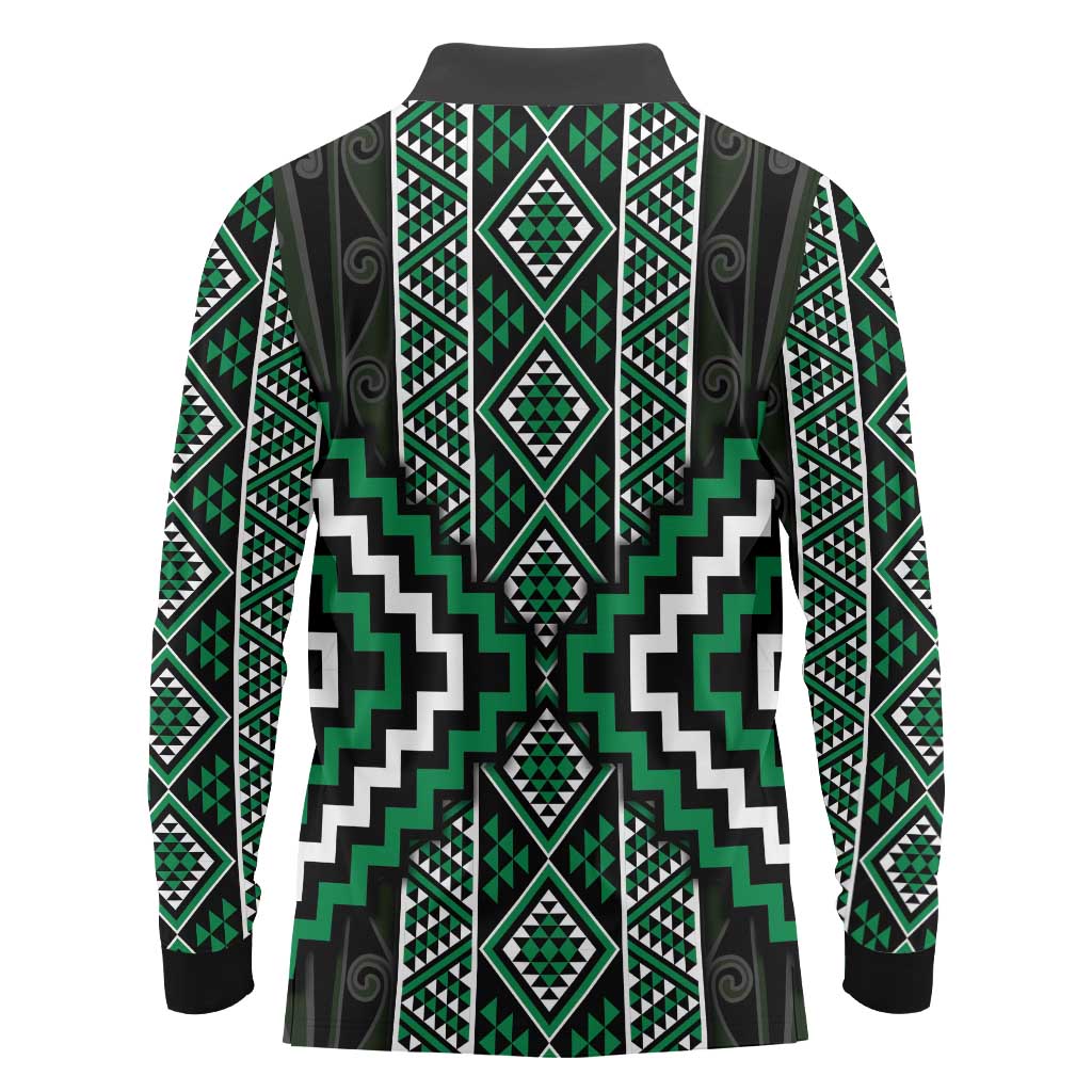 Jade Tukutuku Pattern Aotearoa Long Sleeve Polo Shirt Niho Taniwha and Puhoro Motifs LT7 - Polynesian Pride