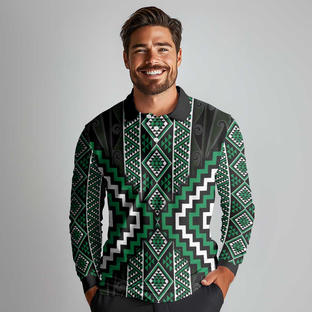 Jade Tukutuku Pattern Aotearoa Long Sleeve Polo Shirt Niho Taniwha and Puhoro Motifs LT7 - Polynesian Pride