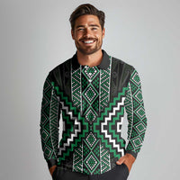 Jade Tukutuku Pattern Aotearoa Long Sleeve Polo Shirt Niho Taniwha and Puhoro Motifs LT7 - Polynesian Pride