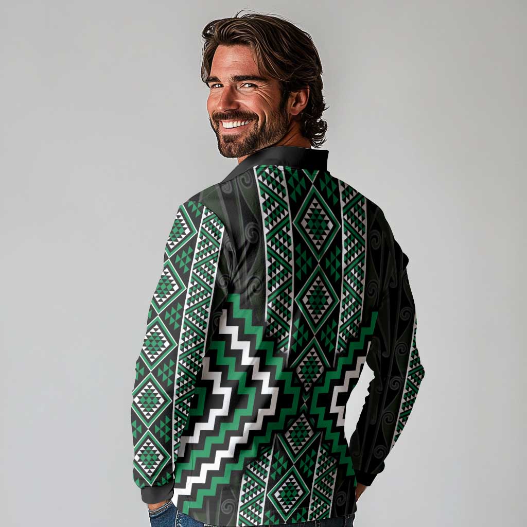 Jade Tukutuku Pattern Aotearoa Long Sleeve Polo Shirt Niho Taniwha and Puhoro Motifs LT7 - Polynesian Pride