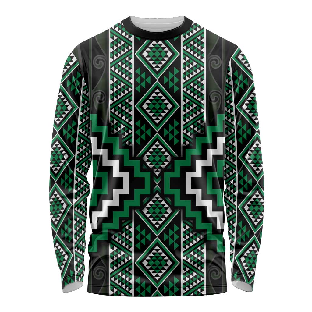 Jade Tukutuku Pattern Aotearoa Long Sleeve Shirt Niho Taniwha and Puhoro Motifs
