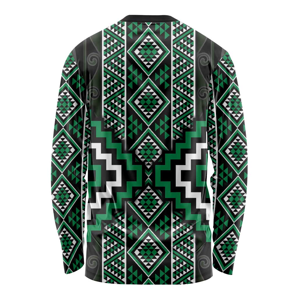 Jade Tukutuku Pattern Aotearoa Long Sleeve Shirt Niho Taniwha and Puhoro Motifs