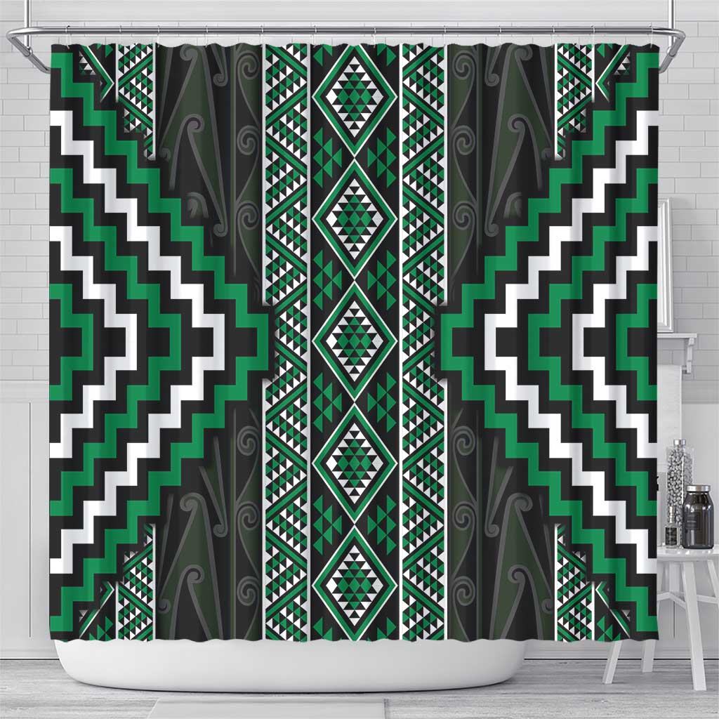Jade Tukutuku Pattern Aotearoa Shower Curtain Niho Taniwha and Puhoro Motifs