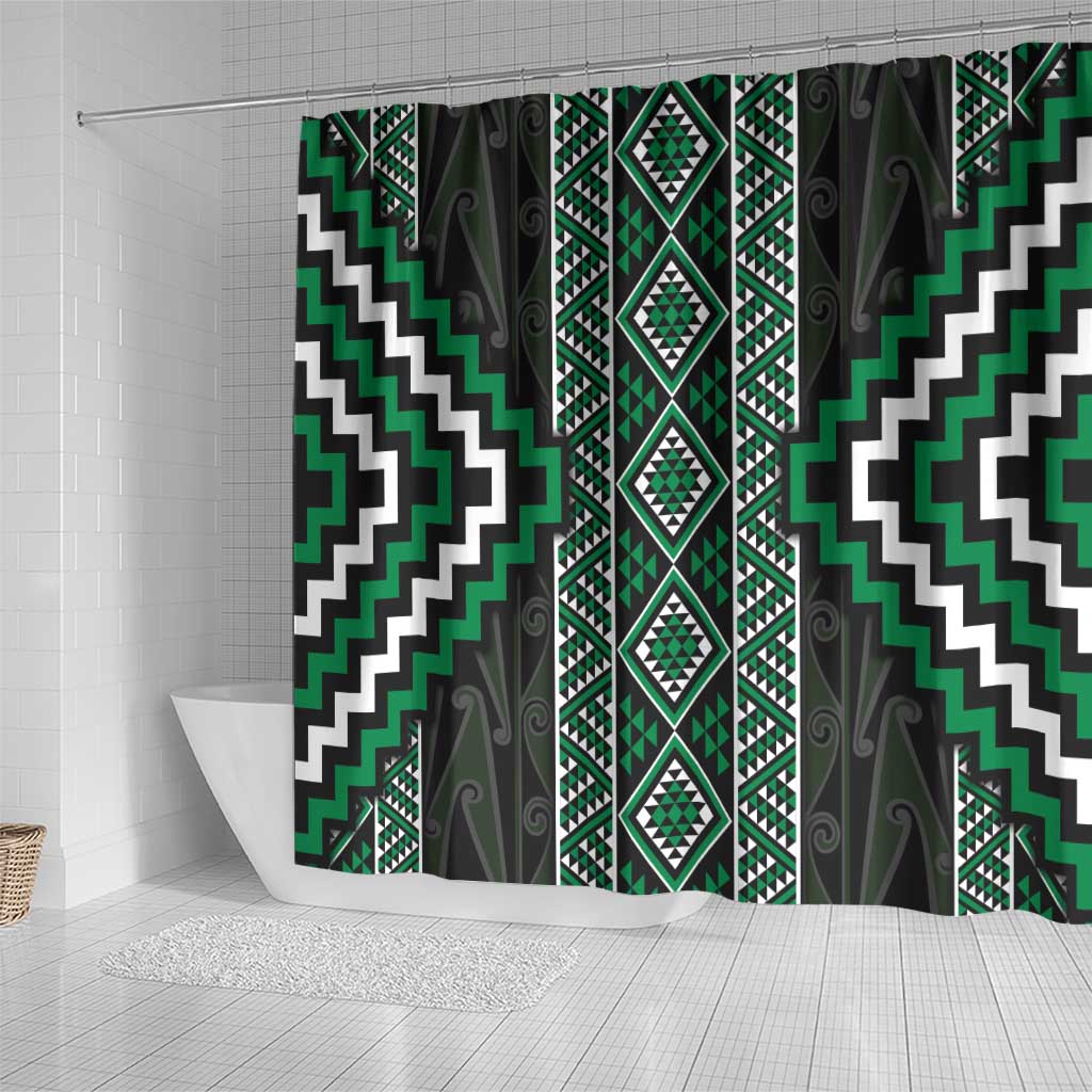 Jade Tukutuku Pattern Aotearoa Shower Curtain Niho Taniwha and Puhoro Motifs