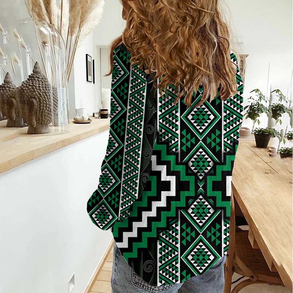 Jade Tukutuku Pattern Aotearoa Women Casual Shirt Niho Taniwha and Puhoro Motifs