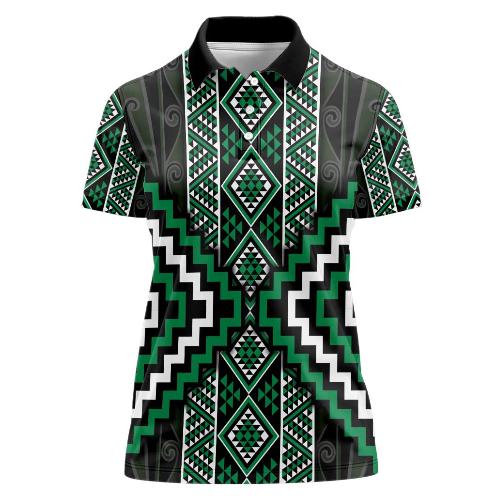 Jade Tukutuku Pattern Aotearoa Women Polo Shirt Niho Taniwha and Puhoro Motifs
