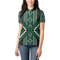 Jade Tukutuku Pattern Aotearoa Women Polo Shirt Niho Taniwha and Puhoro Motifs