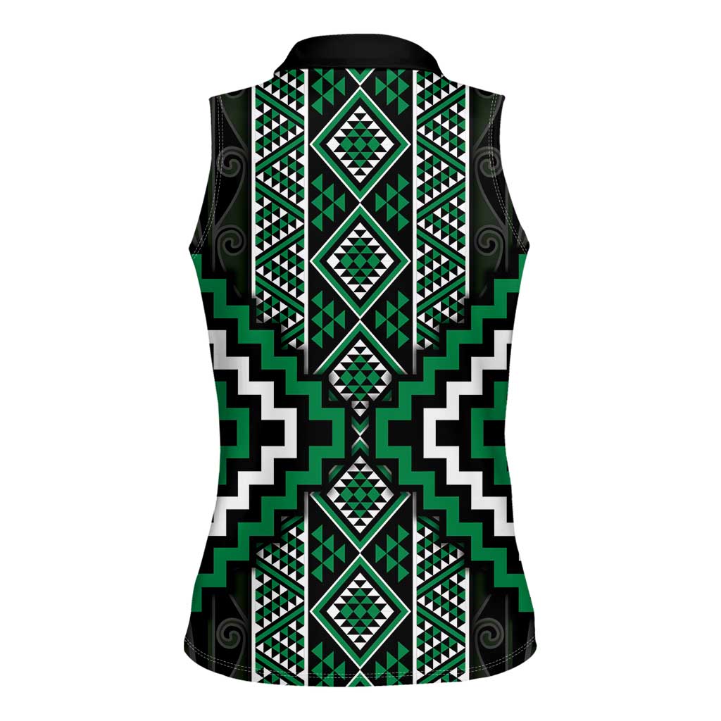 Jade Tukutuku Pattern Aotearoa Women Sleeveless Polo Shirt Niho Taniwha and Puhoro Motifs LT7 - Polynesian Pride