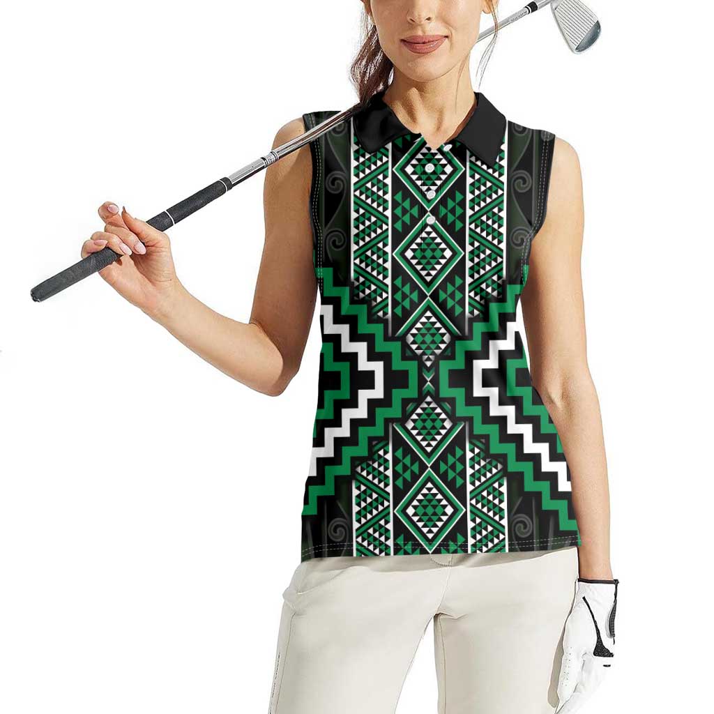 Jade Tukutuku Pattern Aotearoa Women Sleeveless Polo Shirt Niho Taniwha and Puhoro Motifs LT7 - Polynesian Pride