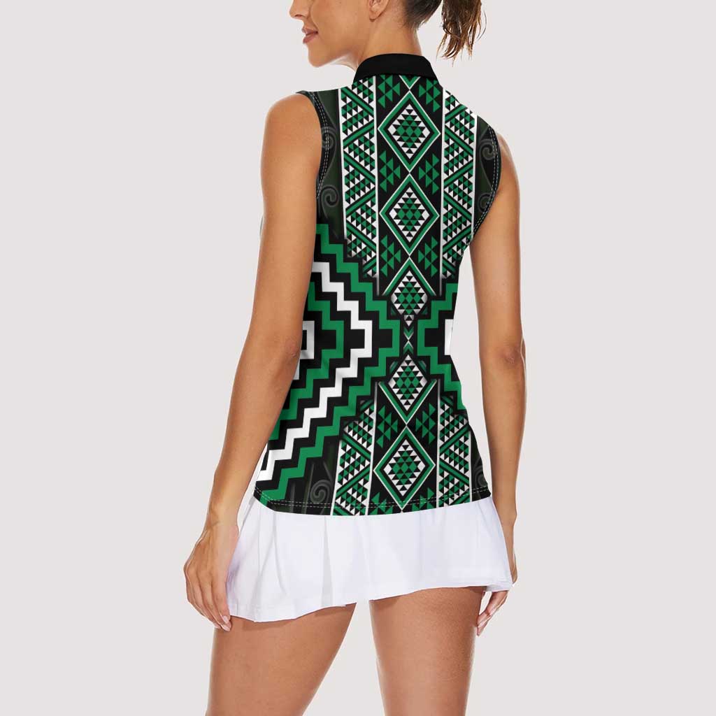 Jade Tukutuku Pattern Aotearoa Women Sleeveless Polo Shirt Niho Taniwha and Puhoro Motifs LT7 - Polynesian Pride