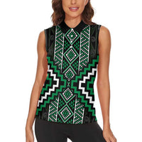 Jade Tukutuku Pattern Aotearoa Women Sleeveless Polo Shirt Niho Taniwha and Puhoro Motifs LT7 - Polynesian Pride