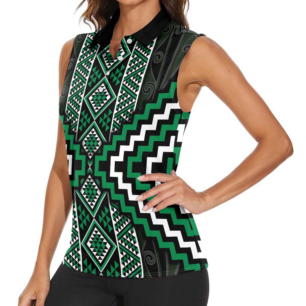 Jade Tukutuku Pattern Aotearoa Women Sleeveless Polo Shirt Niho Taniwha and Puhoro Motifs LT7 - Polynesian Pride