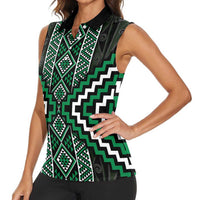 Jade Tukutuku Pattern Aotearoa Women Sleeveless Polo Shirt Niho Taniwha and Puhoro Motifs LT7 - Polynesian Pride